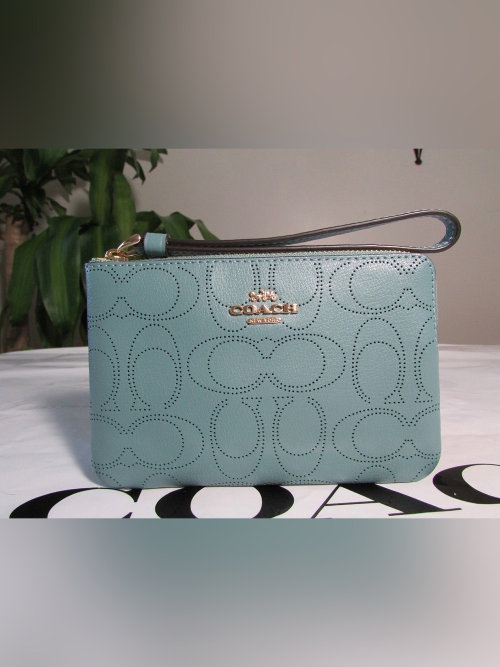 Coach Perforated Leather Corner Zip Wristlet